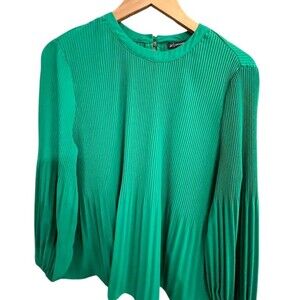 Adrianna Papell Blouse Womens M Emerald Green Pleated Long Sleeve Round